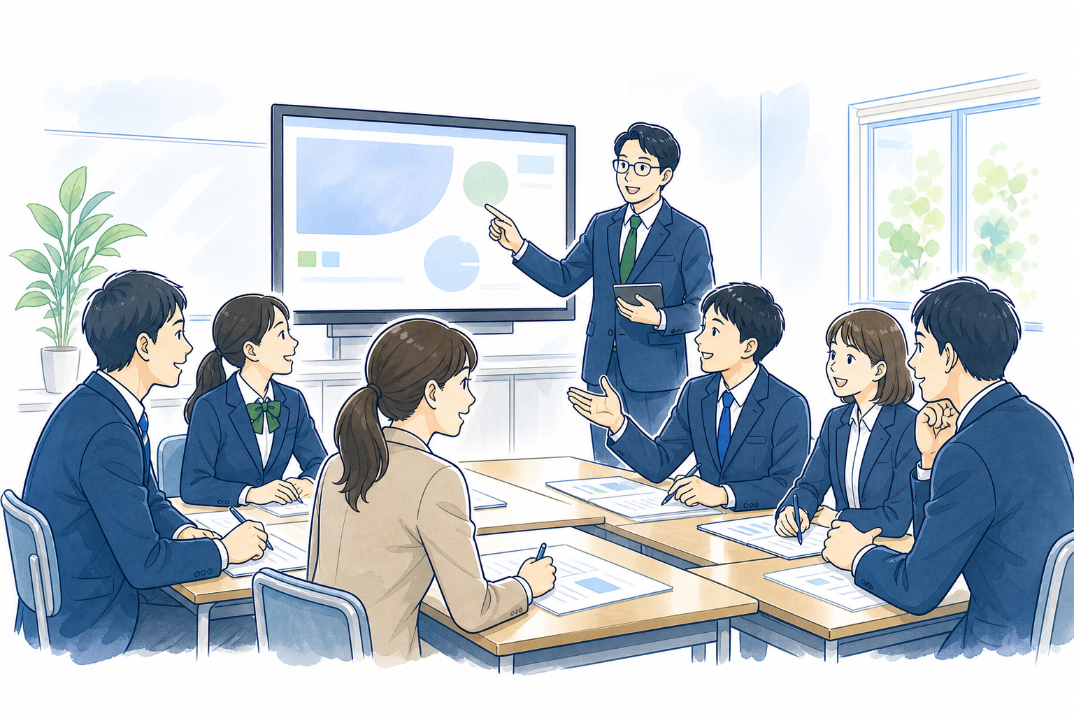 学校での研修とグループワークの様子