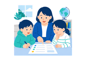 教員と子どもが学校で教材を実践するイラスト