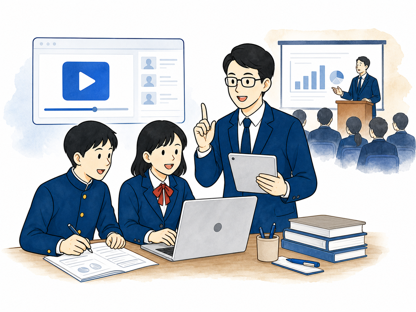 動画教材と研修を組み合わせた学校支援のイメージ